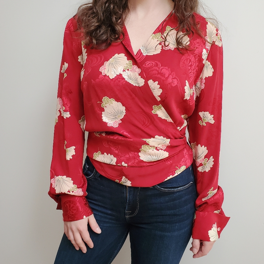 Vtg Floral Silk Wrap Blouse Lafayette 148 Silk Top Romantic Cottagecore Blouse